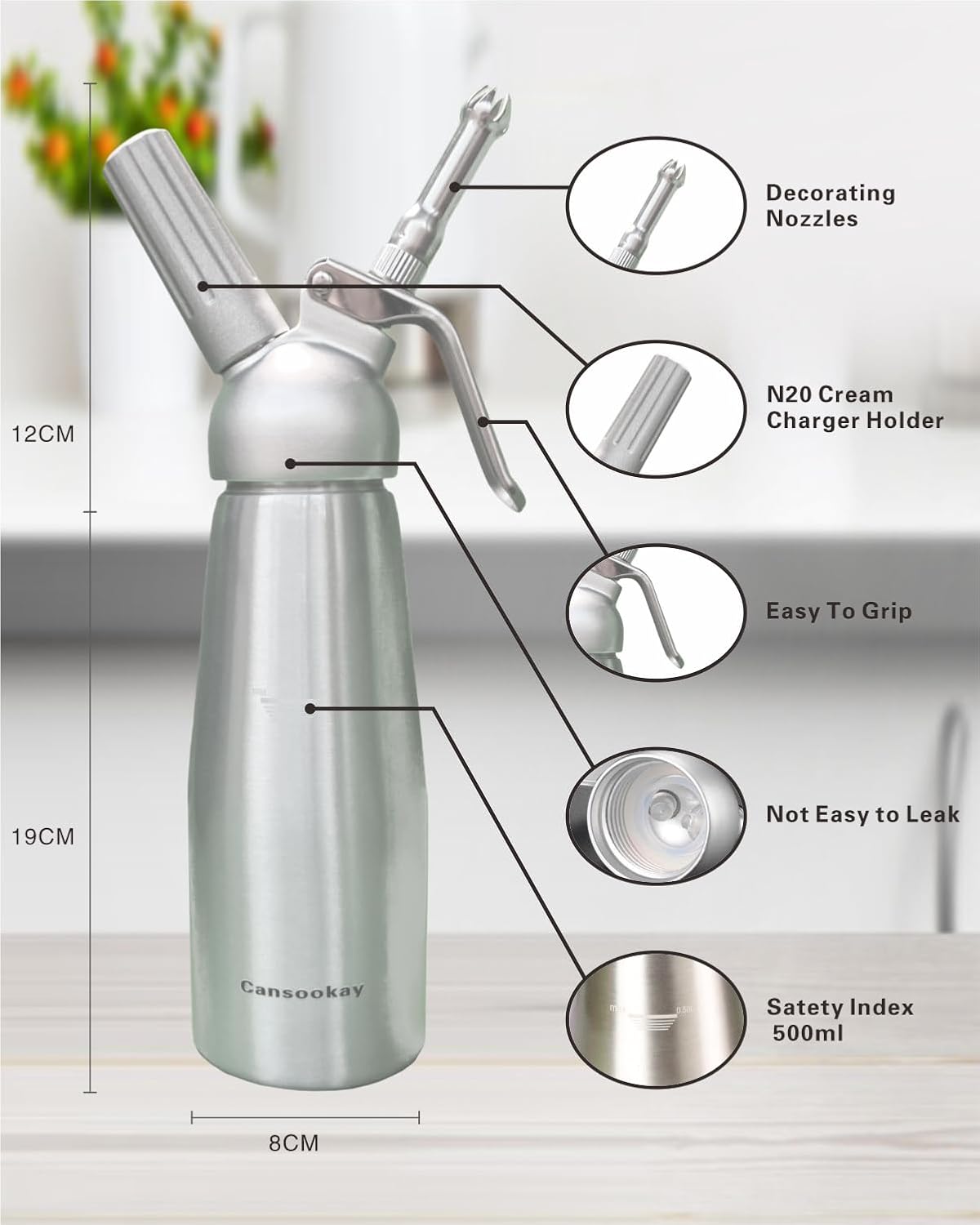 Cansookay silver 500 mL whipped cream dispenser and accessories - product gallery image 6
