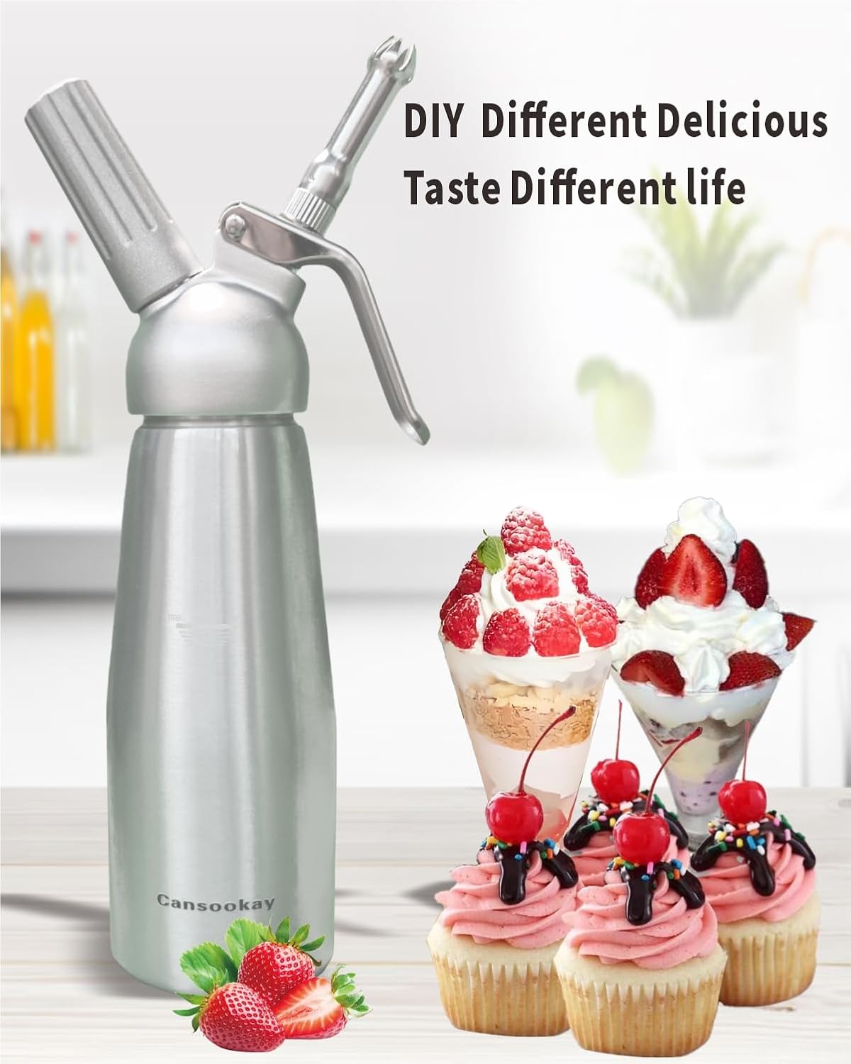 Cansookay silver 500 mL whipped cream dispenser and accessories - product gallery image 2